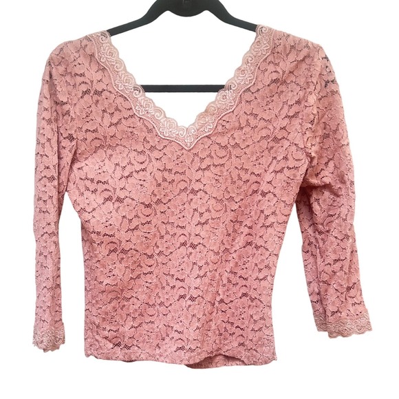 Ambiance Womens dusty rose Floral Lace V-Neck 3/4 Sleeve Blouse Top Size Medium - Picture 4 of 4